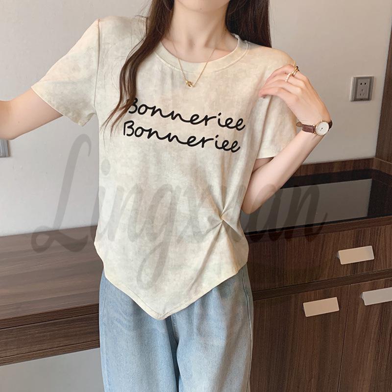

Summer 2026 Plus Size Women s Korean Style Irregular Print Tie-Dye Short Sleeve T-Shirt L Plus абрикосовий