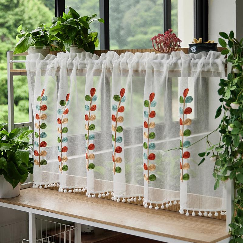 Double Layer High-End Embroidered Kitchen Cabinet Blackout Café Curtain