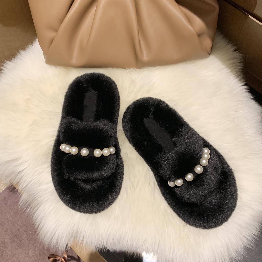 Ins fluffy slippers women's wear summer Internet celebrity 2025 new cute pearl rabbit plush cross cotton drag tide