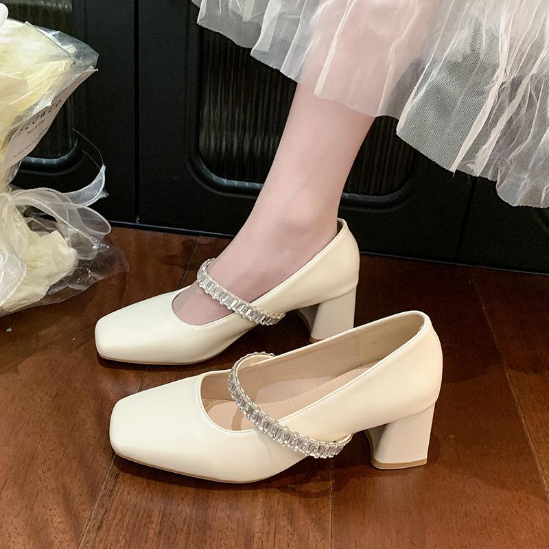 2025 Autumn New Fairy Style with Skirt Temperament Square Head Low Heel Single Shoes French Rhinestone Thick Heel Mary Jane Shoes Women
