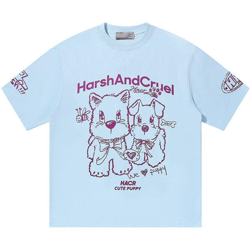 HACR | Harshandcruel Hand-Painted Puppy Children's Fun Couple Loose Chinese Fad Short-Sleeved T-shirt for Men and Women