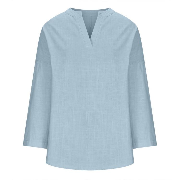 Women's Cotton Linen Shirt Loose Casual Long Sleeve Top with Stand Up Collar