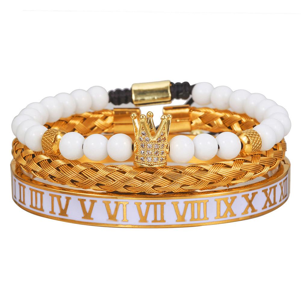 Mens And Womens Stainless Steel Skull Bracelets With Roman Numerals And Crown Motif