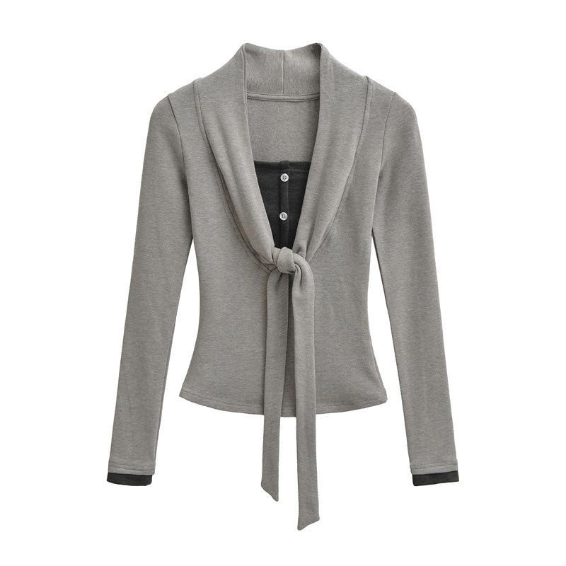 Women's Faux Cashmere Trendy Layered Long-Sleeve Tie-Up Top for Spring/Autumn