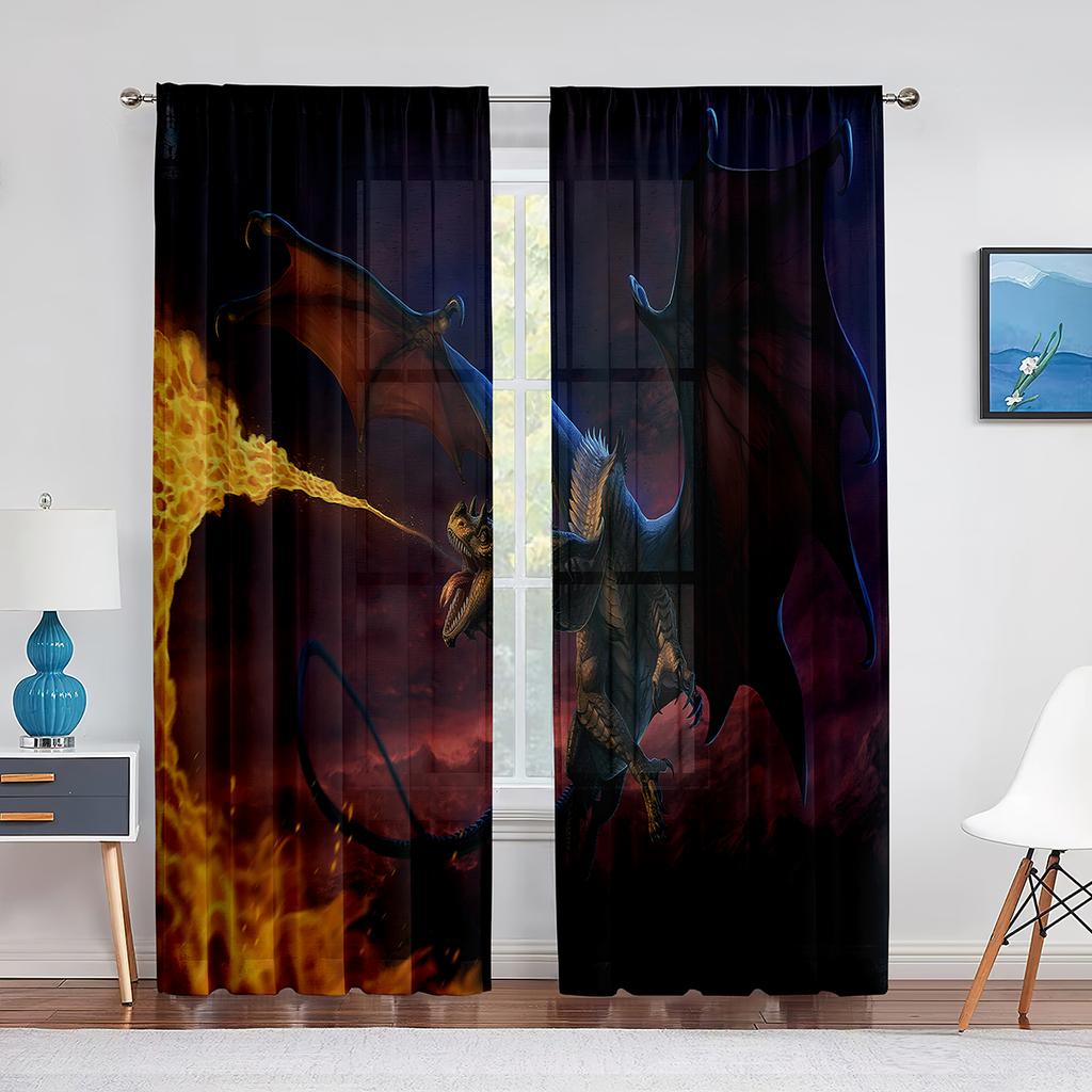 Two Golden Dragon On Red Background Sheer Voile Curtain for Living Room Bedroom Kitchen Transparent Tulle Curtain Window Drape
