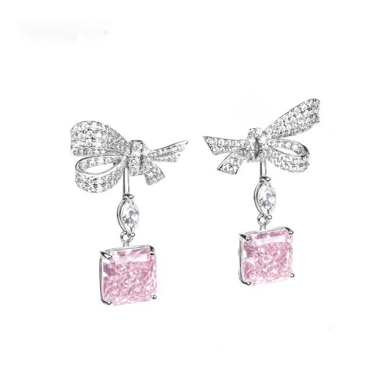 Sakura Pink Cubic Zirconia Bow Stud Earrings - Chic Style, Light Luxury, Versatile Fashion Accessory, Trendy Celebrity Charm for Women