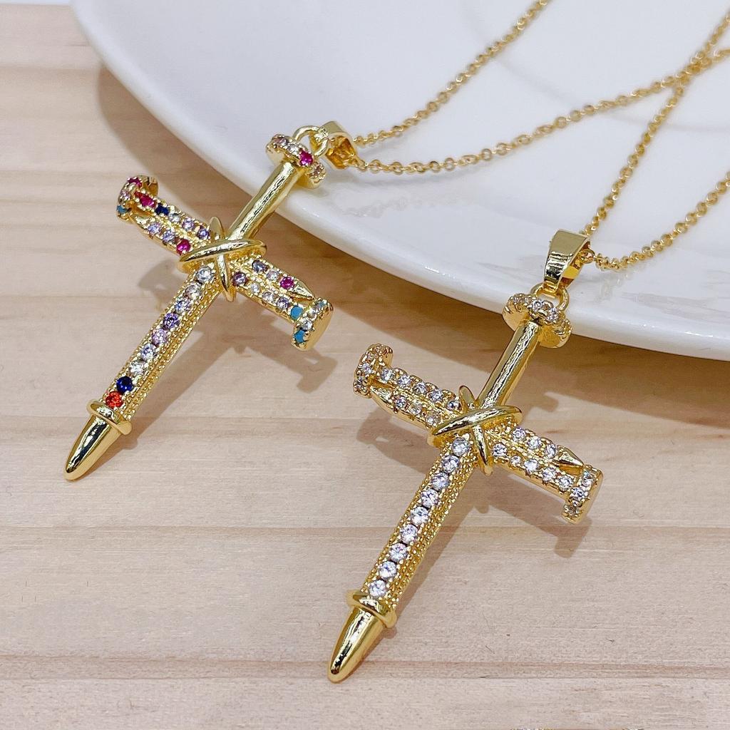 Micro-Set Zircon Cross Pendant 14K Gold Chain Necklace Delicate Daily Wear Nail Charm