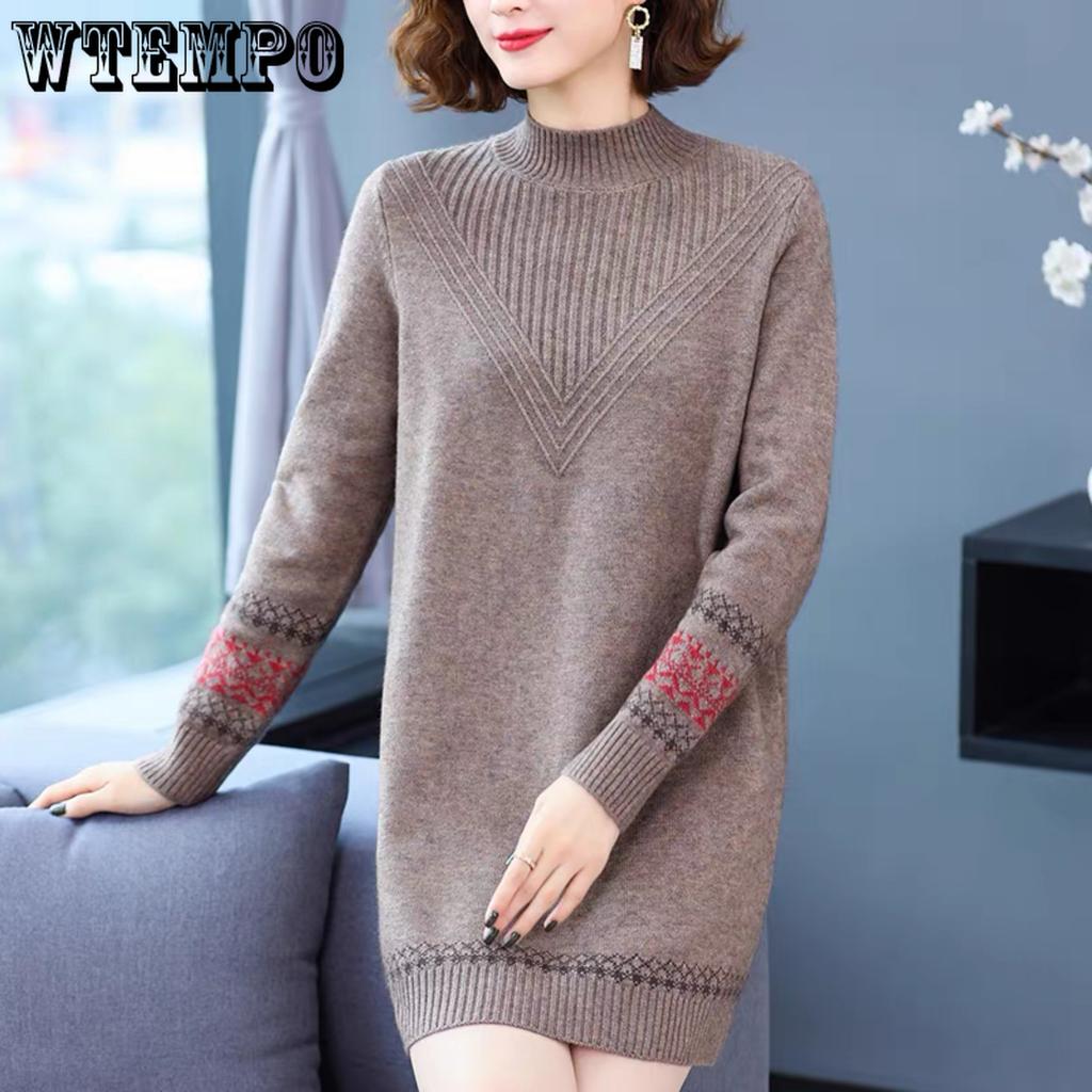 Mid-length Sweater Women's Retro Loose Half Turtleneck Knitted Dress Plus-size Trendy Solid Color Pullover Autumn and Winter