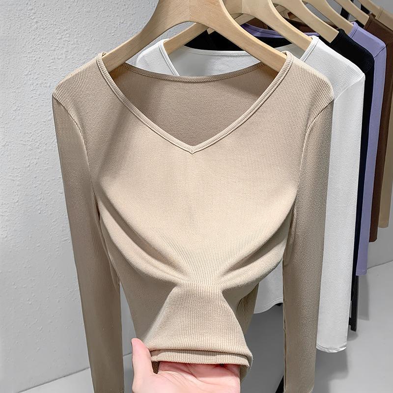 

Женская новая футболка с резьбой, женская темпераментная футболка с V-образным вырезом и длинными рукавами, эластичный внутренний топ 3XL хаки