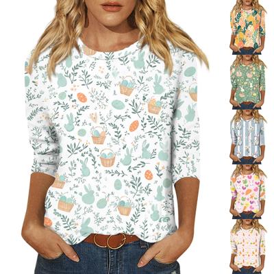3/4 Sleeve Tops For Women T-Shirt Casual Print Tops T Shirt Round Neck Pullover Blouse