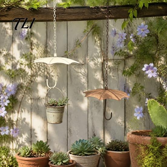 Flower Vessel for Balcony Vintage Iron Umbrella Hanging Planter, Rustic Wrought Pot with Wall Mounted Plant Basket Chain, Weatherproof Outdoor Garden