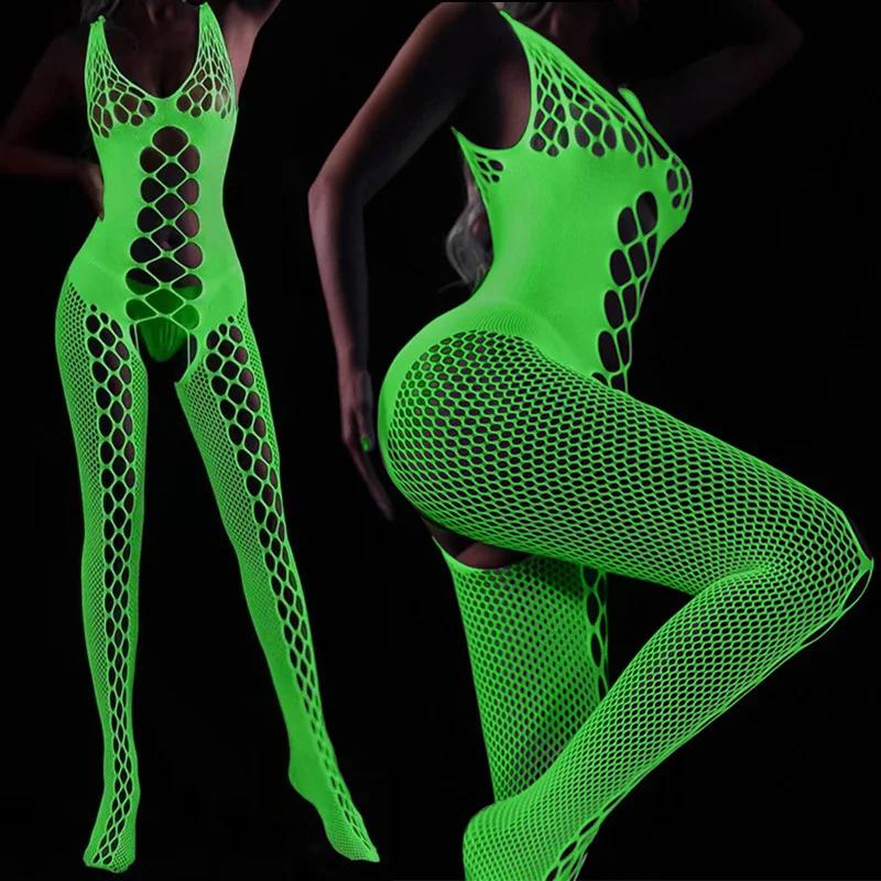 FASHION Plus Size Erotic Curvy Bodysuit Costumes Sex Mesh Babydoll Dress New Luminous Crotchless Bodystocking For Transparent Lingerie
