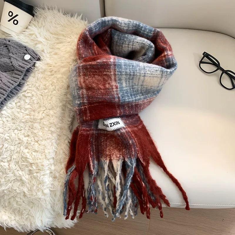 Autumn Winter Atmosphere Plaid Scarf Women Men Couple Thickened Mohair-Like Cashmere Student Warm Neck Wrap