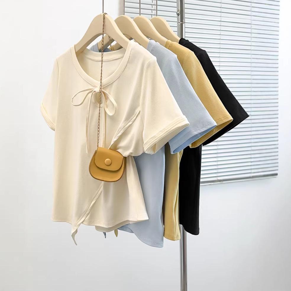 Summer 2026 Plus Size Women s Chic Bow Hollow-Out Round Neck T-shirt 3XL