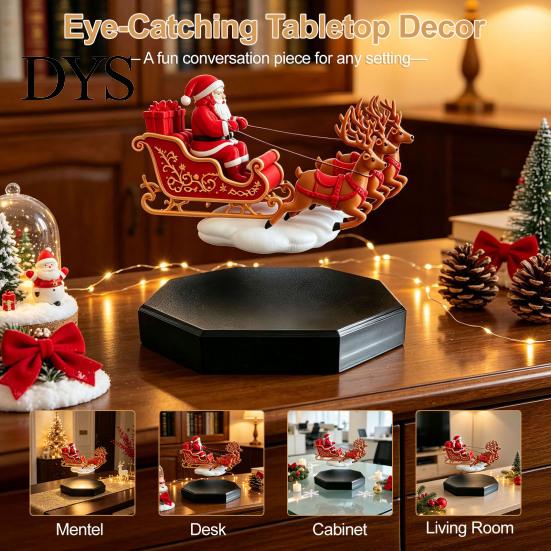 Christmas Tabletop Centerpiece Floating Santa Sleigh, Magnetic Levitation Santa's Flying Sleigh Ornament, Fun Holiday Accent Piece Display for