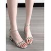 Sandals women's summer new one-word buckle strap medium heel thick heel rhinestone fashion high heel sandals