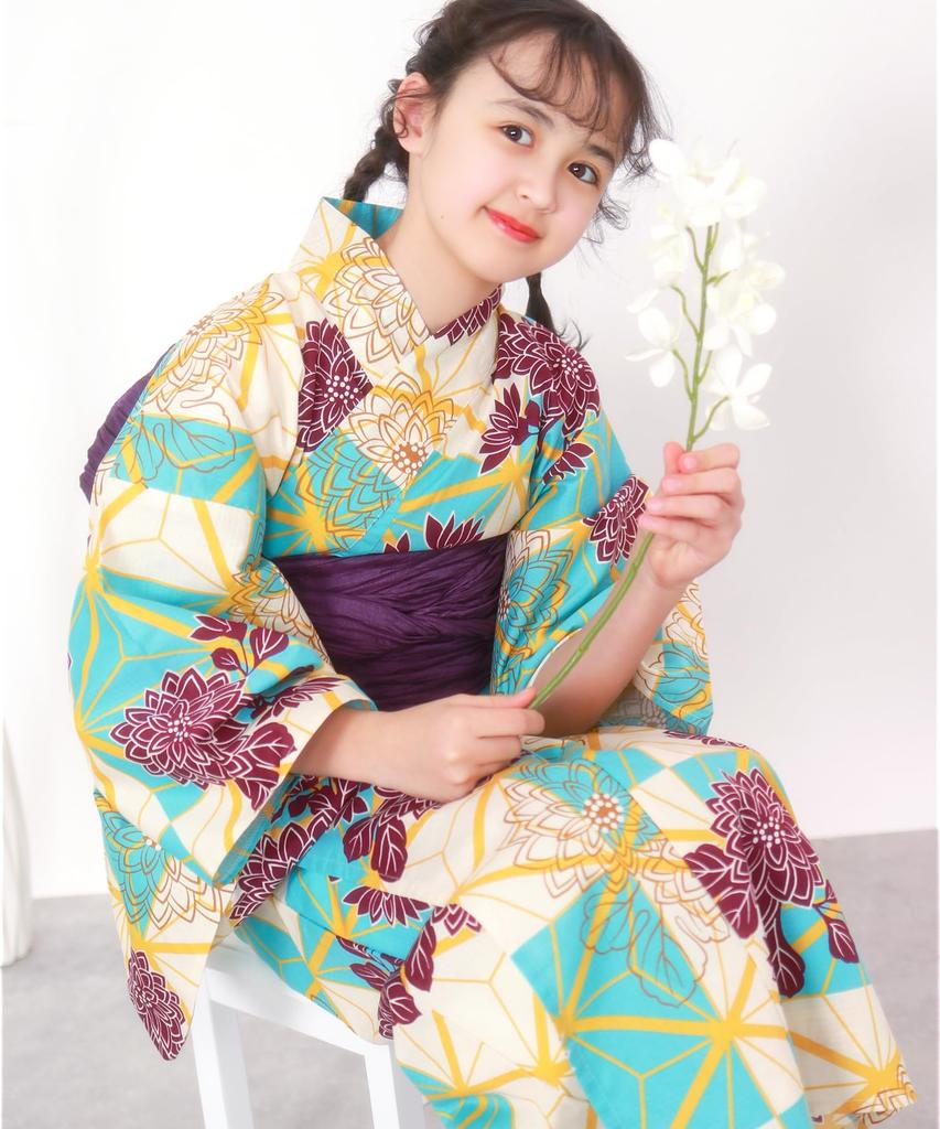 Yukata Set Junior Retro Change Weave 3 Piece Set Heiko Girls [KYOETSU] (Yukata, Obi, Geta) (150cm, 5.Shadow Chrysanthemum)