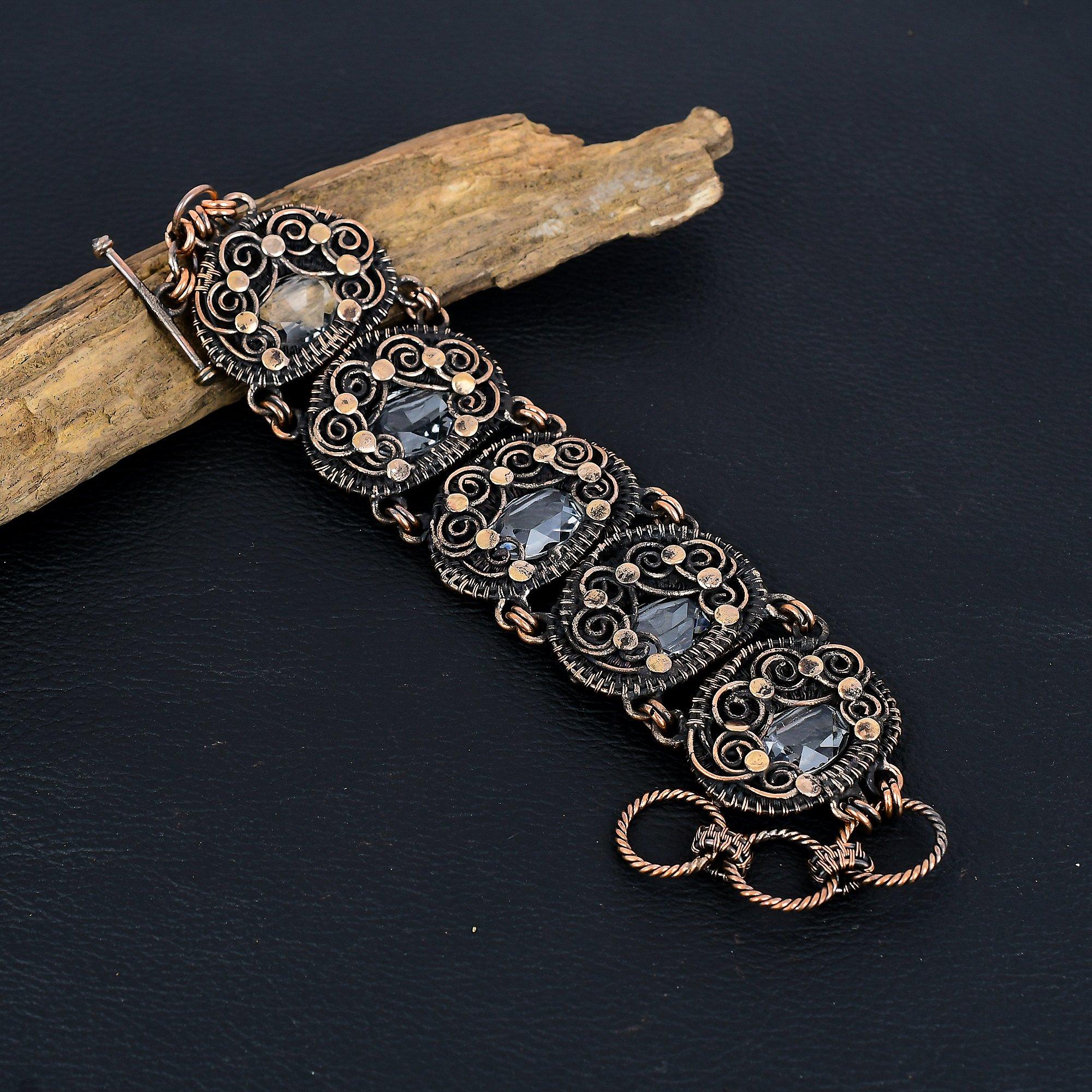 

Браслет-манжета из кунцита, обмотанный медной проволокой 999 пробы, регулируемый браслет, ювелирное изделие с драгоценным камнем, подарок для мамы, новые ювелирные изделия ручной работы 8 Inches