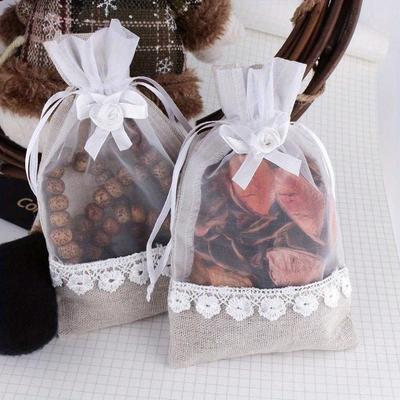 12pcs/ Set 10*15cm/ 4*6 Inches Cotton Linen Lace Bow Splicing Drawstring Bag, Storage Jewelry Gift Wrapping