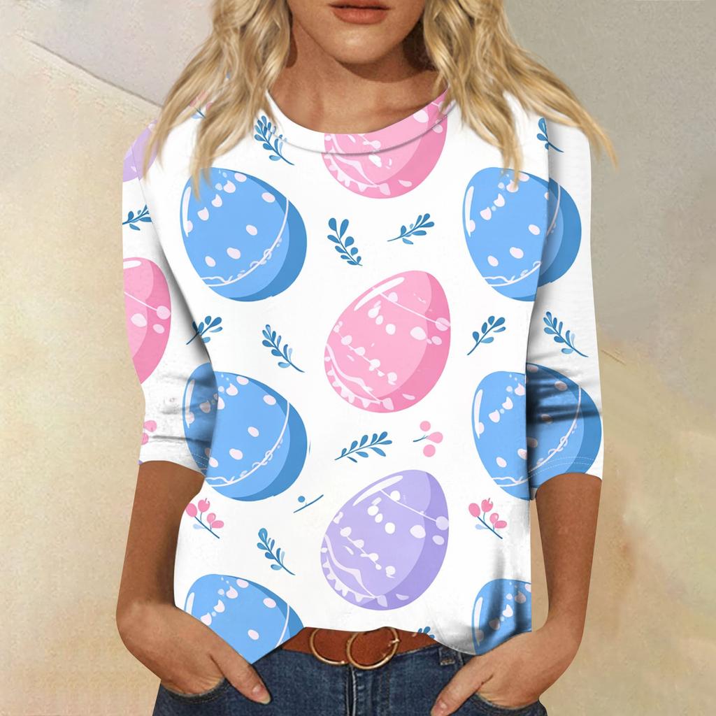 Women's Fashion Casual Sleeve Easter Elements Print Round Neck Top