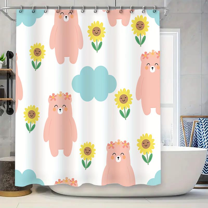 

Adorable Cartoon Bears Sunflower Cloud Shower Curtain Home Decor Waterproof Bath Rug Mat Bathroom Decor Light Pink W60H190(CM)-1 Pcs