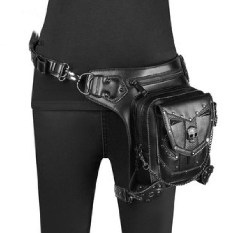 Steampunk Fanny Pack, Men's Rivet Chain Rock Motorcycle Fashi Crossbody Bags, Outdoor Street Trendy Leather Waist Thigh Bags