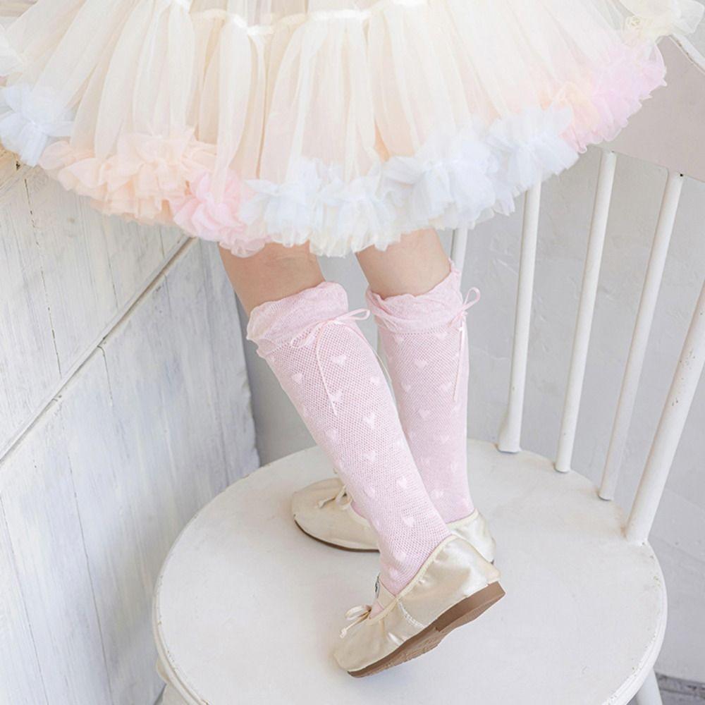 Cute Sweet Children Mid-Tube Hosiery Ribbon Bow Princess Lolita Lace Stockings Cotton Solid Color Balletcore Socks Kids
