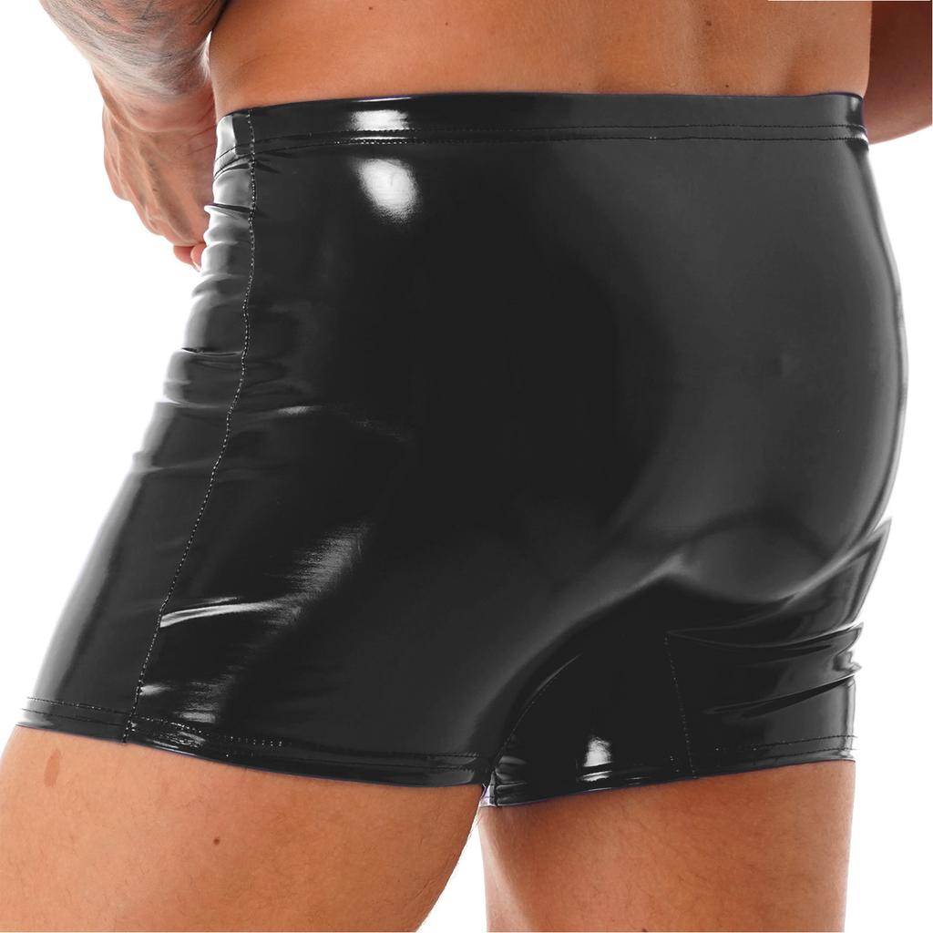Mens Patent Leather Boxer Briefs Wet Look Shorts Elastic Waistband Bulge Pouch Design Clubwear