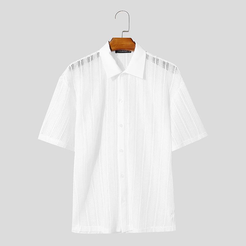 

INCERUN Mens Oversized Short Sleeve Button Down Hollow Out Casual Loose Beach Shirts 5XL белый