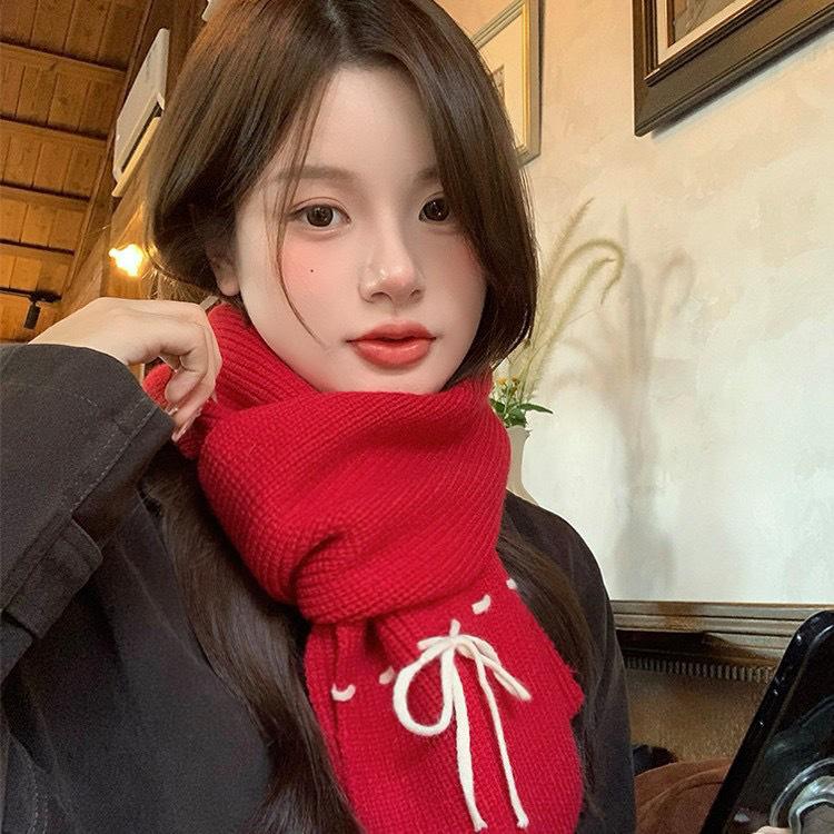 Women's Red Knitted Scarf - Festive New Year and Christmas Style, Long Winter Shawl and Versatile Neck Warmer