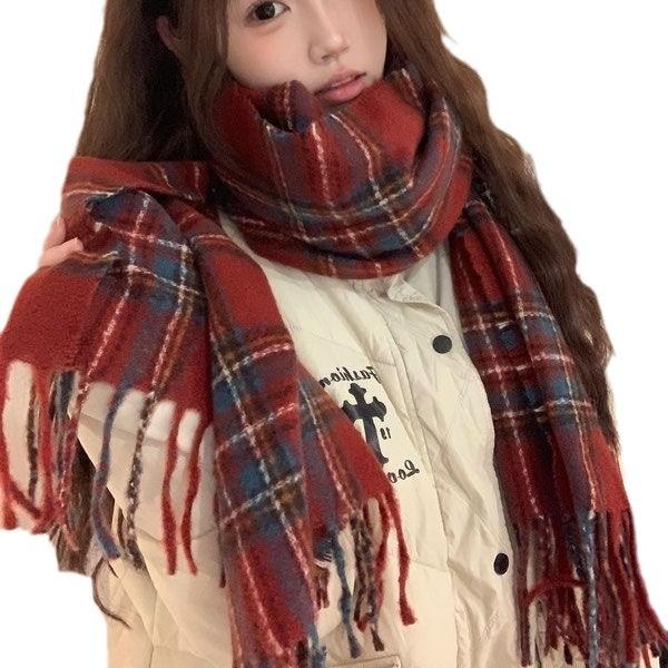 New Soft Imitation Cashmere Tassel Plaid Scarf Winter Female Couple Shawl Red Cold Proof Versatile Thickened Scarf