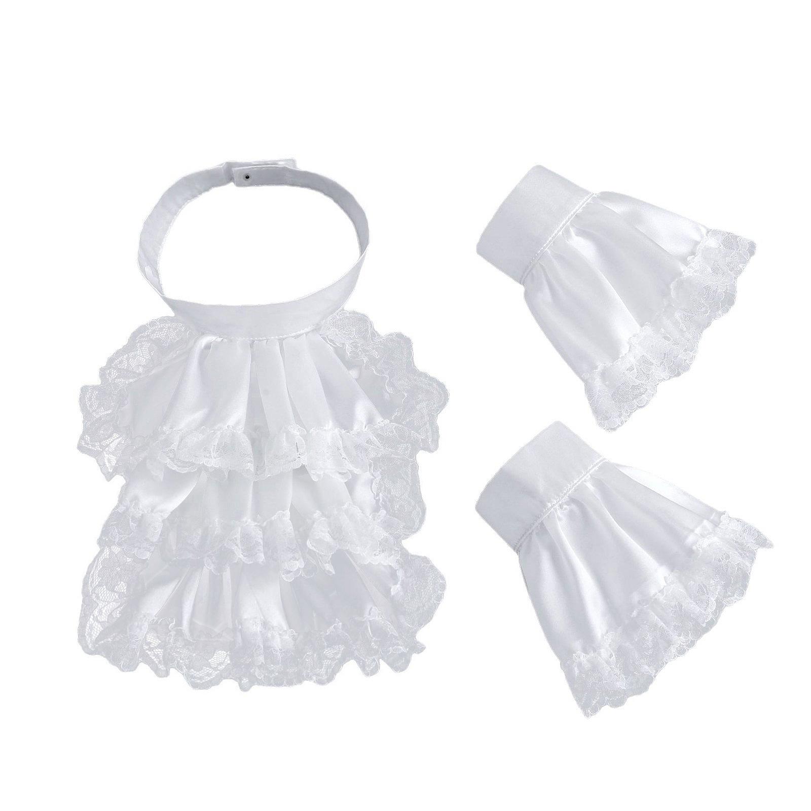 Gestufter Rüschenspitzen-Halskrausen-Kragen mit Manschetten-Set Viktorianisch Kolonial Jabot-Set Renaissance Historisches Kostüm A