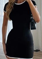 AYJL Contrasting Color Round Neck Short-sleeved Dress Long-sleeved Fashion Casual Ins Bag Arm Skirt Short Sweet and Spicy Style