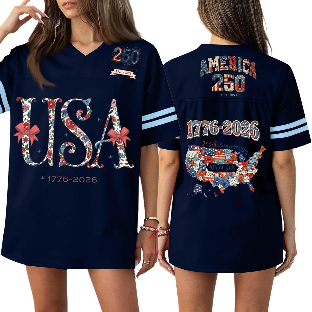 Women's Casual Fashion V-Neck Sports Independence Day Print Short Sleeve Sports T-Shirt Top