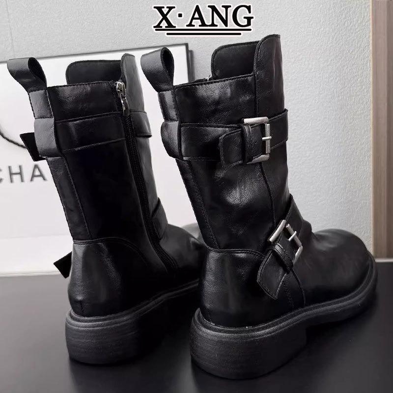 Sheepskin version retro belt buckle Martin boots women's medium boots thick heel locomotive thin boots stack boots knight boots