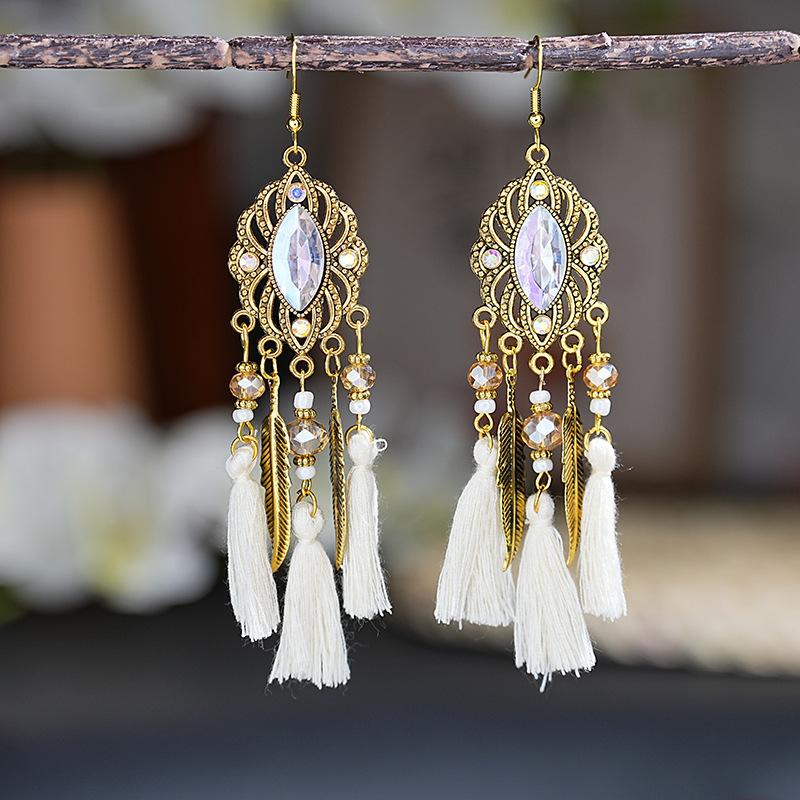 Boho Vintage Crystal Beads Drop Dangle Earrings For Women Handmade Leaf Tassel Geometric Hollow Antique Gold Color Jewelry Gift
