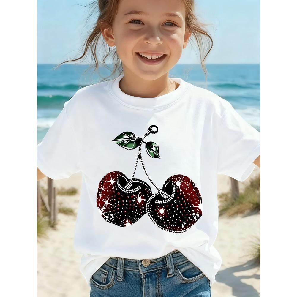 Summer Fruit Cherry Bow Print Kids T-Shirt Polyester Casual Girls Short Sleeve Shirts Casual Sports Fashion Children's Clothes Tees