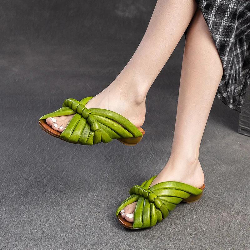 Fashion 3CM Personality Design Women Summer Slippers Cow Leather Open Toe Outside Casual Slippers 2025 Ladies Slip On Thick Heel Sandals