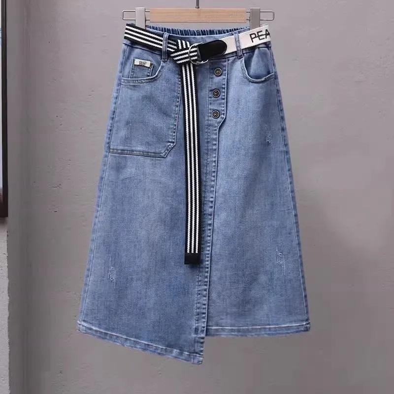 Women Spring Summer Irregular Denim Skirt Autumn Plus Size Elastic High Waisted A-line Buttocks Wrapped Skirts