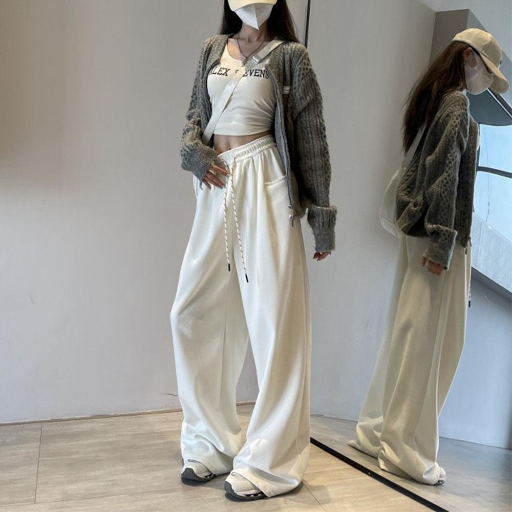 Women's White Casual Pants Trousers High Waist Cargo Sports Drawstring Baggy Wide Leg Pants For Women Streetwear Sweatpants