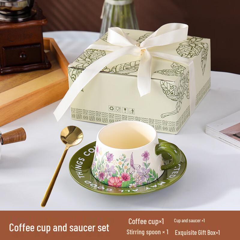 Ceramic Coffee Cup & Saucer Set with Spoon