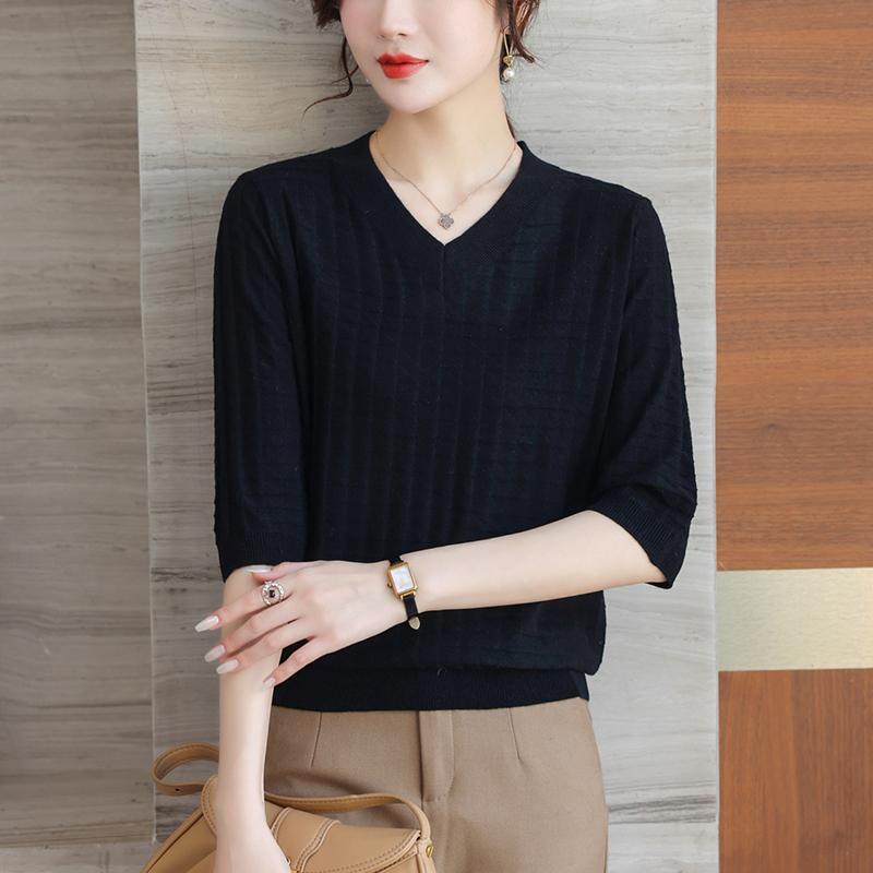 V-Neck Knitted Top Women's 3/4 Sleeve Thin Spring/Summer Orange Shirt Premium Mom Half Sleeve T-shirt