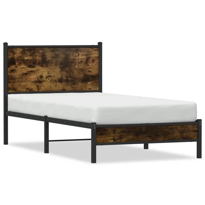 VidaXL Metal Bed Frames with Smoked Oak Headboard 80x200 Cm, Single Bed, Bedroom Furniture, Guest Bed, 4007805