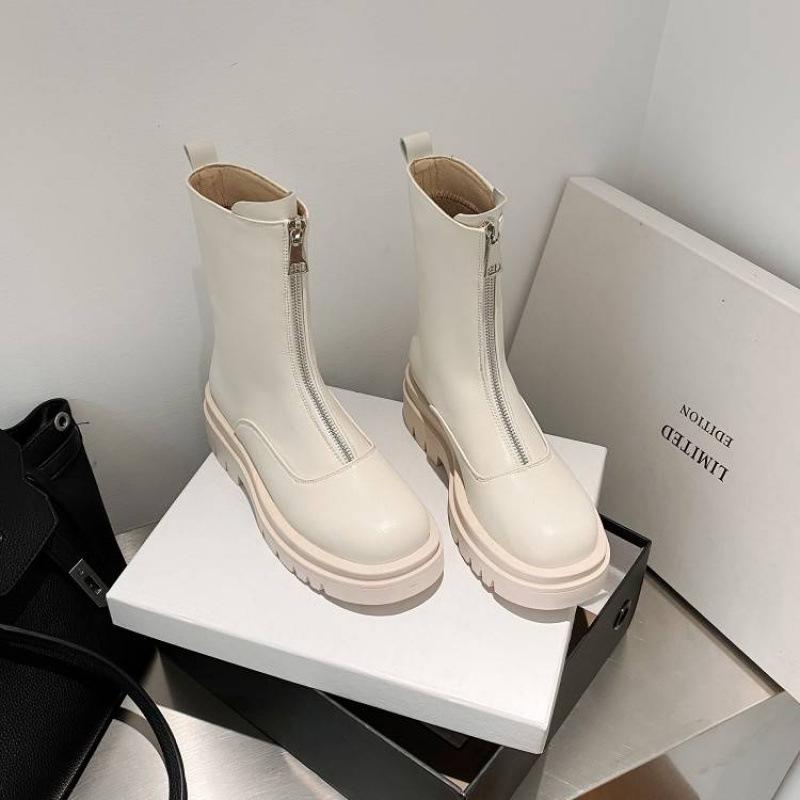 

Новые женские ботинки Мартин с круглым носком и молнией, однотонные, на среднем каблуке, на толстой подошве, нескользящие, кожаные женские ботинки, осенне-зимние ботинки средней высоты 39