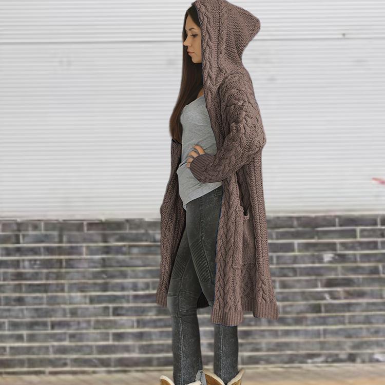 

Женский вязаный кардиган-худи на осень/зиму - Свободный крой, с карманами, крупная вязка «косы», средней длины 4XL