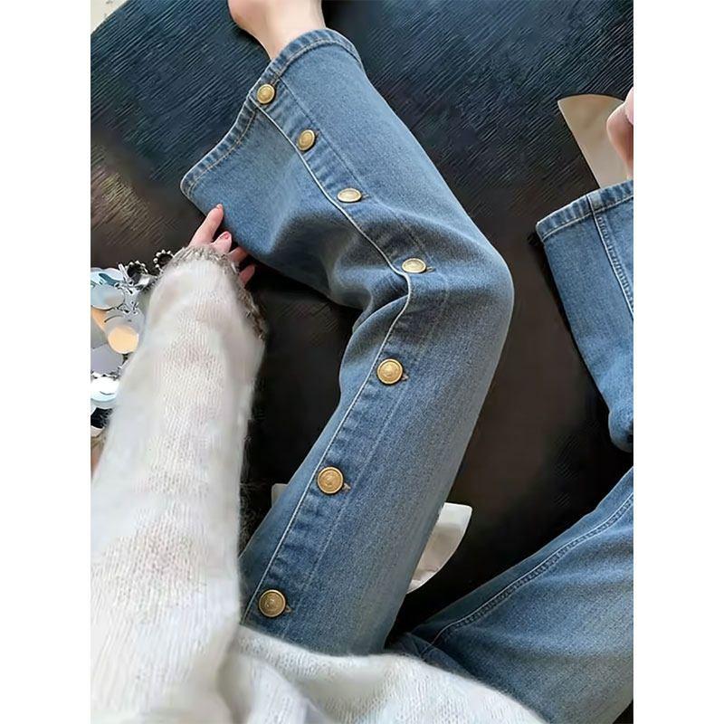 

High-End Blue Button-Down Design Jeans for Women, 2026 Spring New Style, Straight-Leg Slimming Flared Pants, Cropped Pants Blue S