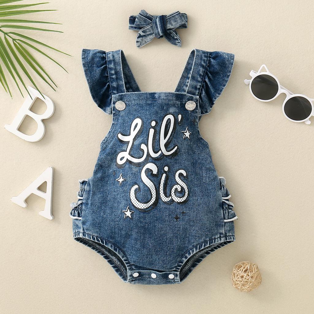 Baby Mädchen 2-teilige Sommeroutfits Fliegenärmel Buchstabenprint Denim Strampler mit Stirnband Set Säuglingskleidung