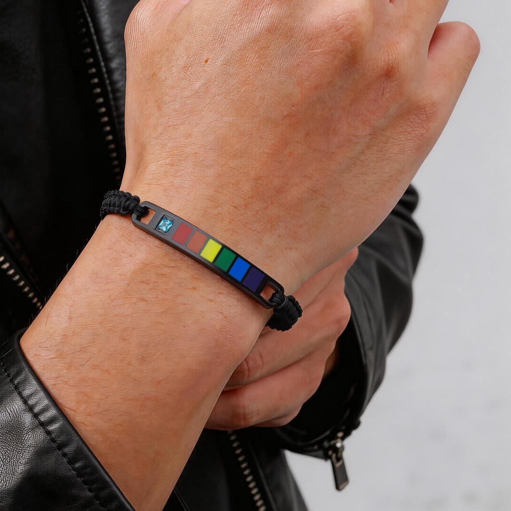 Rainbow Pride Bracelets for Gay Lesbian,Waterproof Rainbow Flag Stainless Steel Long Bar Leather Wristband,LGBTQ Pride Month