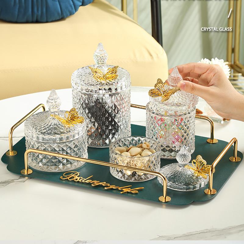 Diamond Glass Candy Jar Household Candle Jar Butterfly Lid Storage Jar Decorative Box Desktop Ornaments Modern Home Decoration