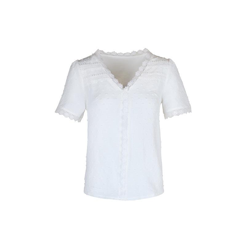 Women's Shirt Summer Casual Vacation Lace V-neck White Short Sleeve Loose Shirts for Women Elegant Tops Slim Fit Solid Color Women's Blouse New